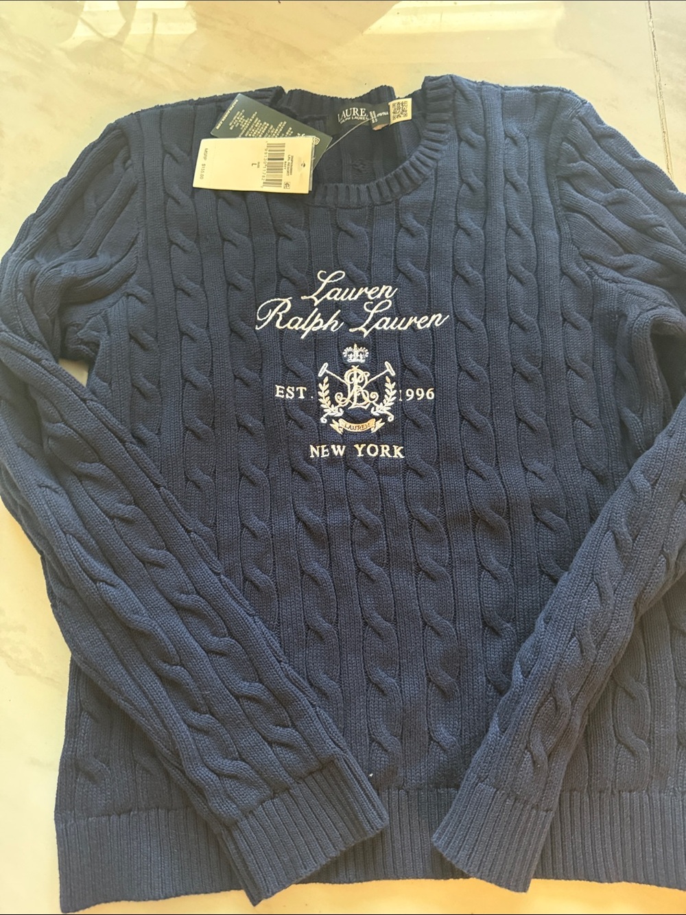 Lauren Ralph Lauren Navy Cable-Knit Crewneck Sweater with Crest